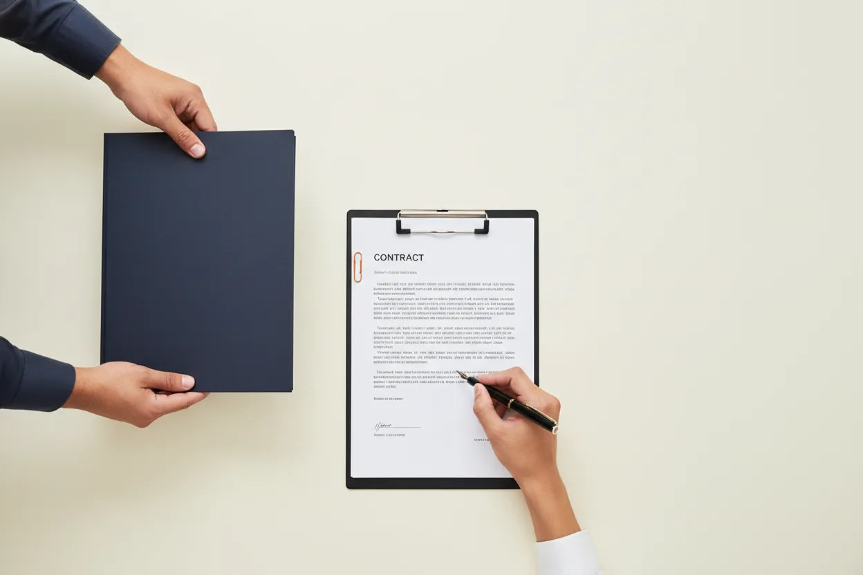 Two hands meeting over a contract on a clipboard — Elitez EOR onboarding takes one signature.