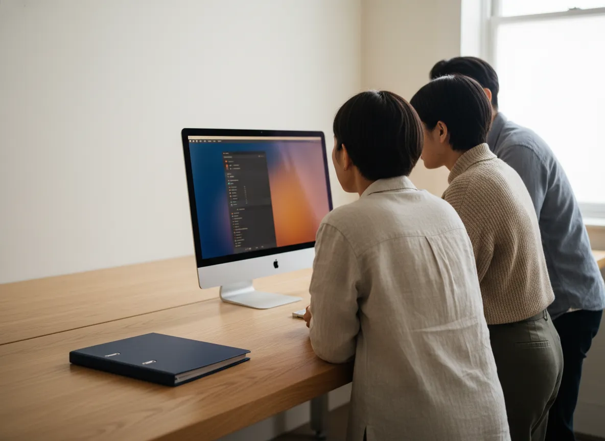 Three teammates at a shared workbench reviewing a screen — your team stays together; only the back-office moves.